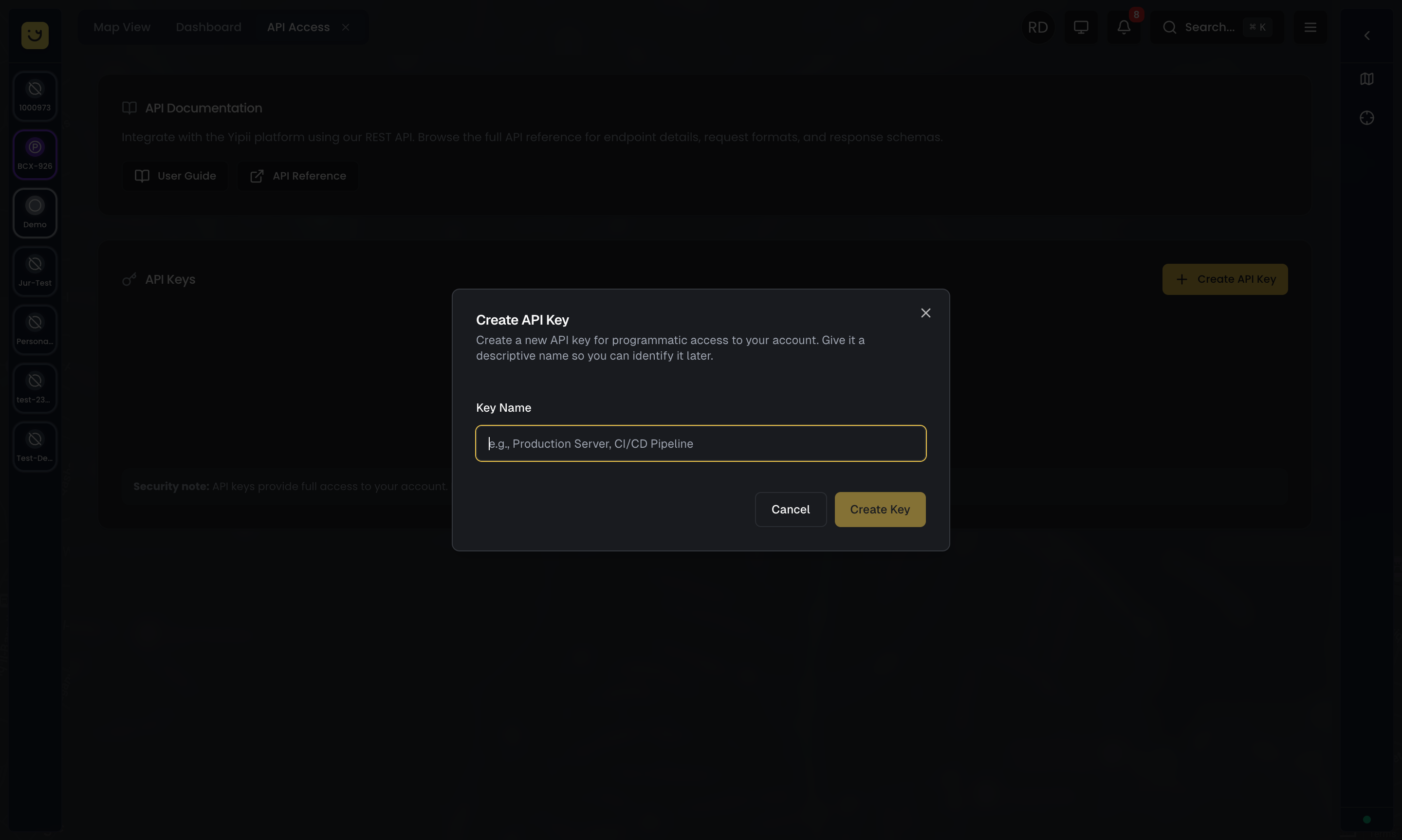Create API Key dialog with name input