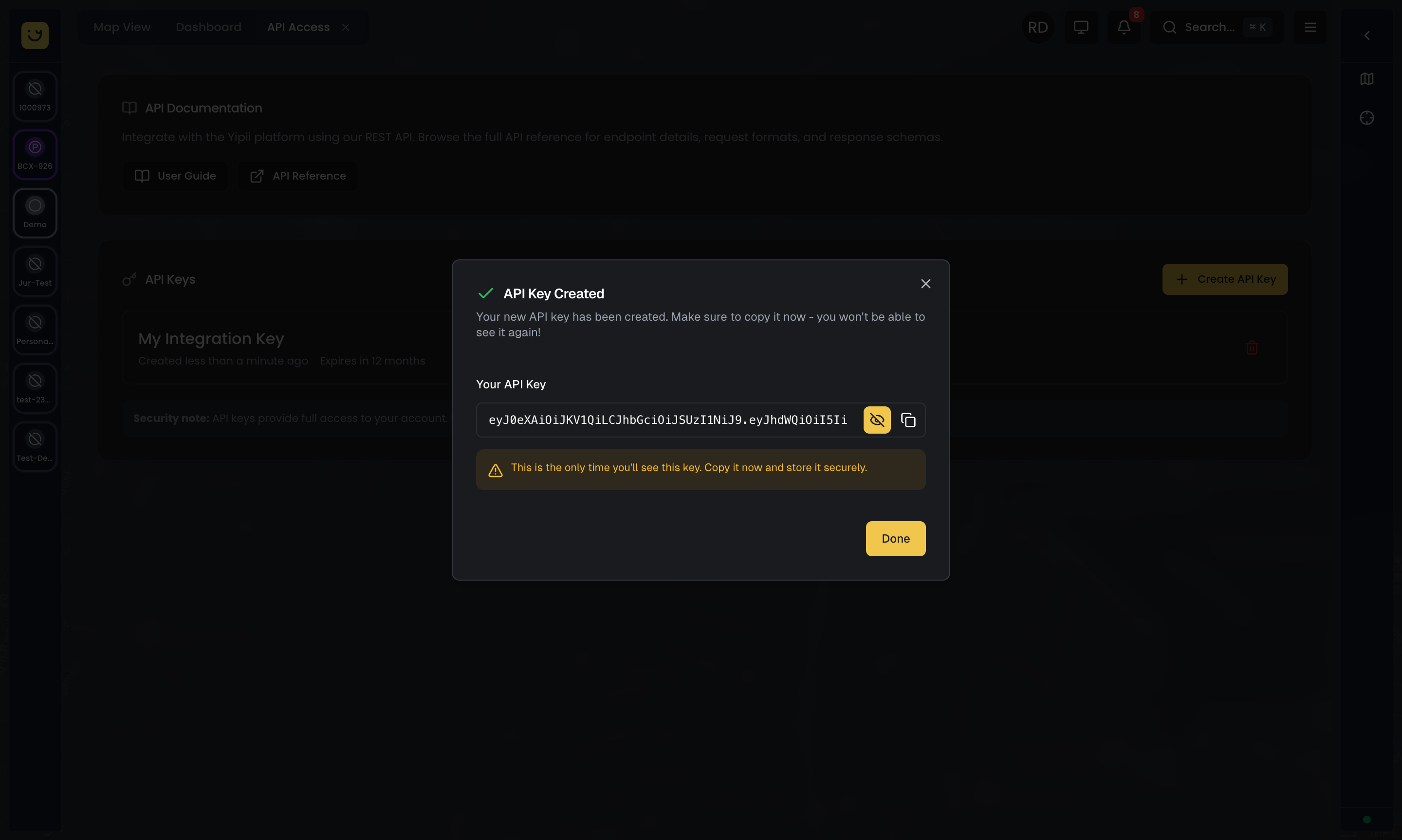 API Key created confirmation showing the token