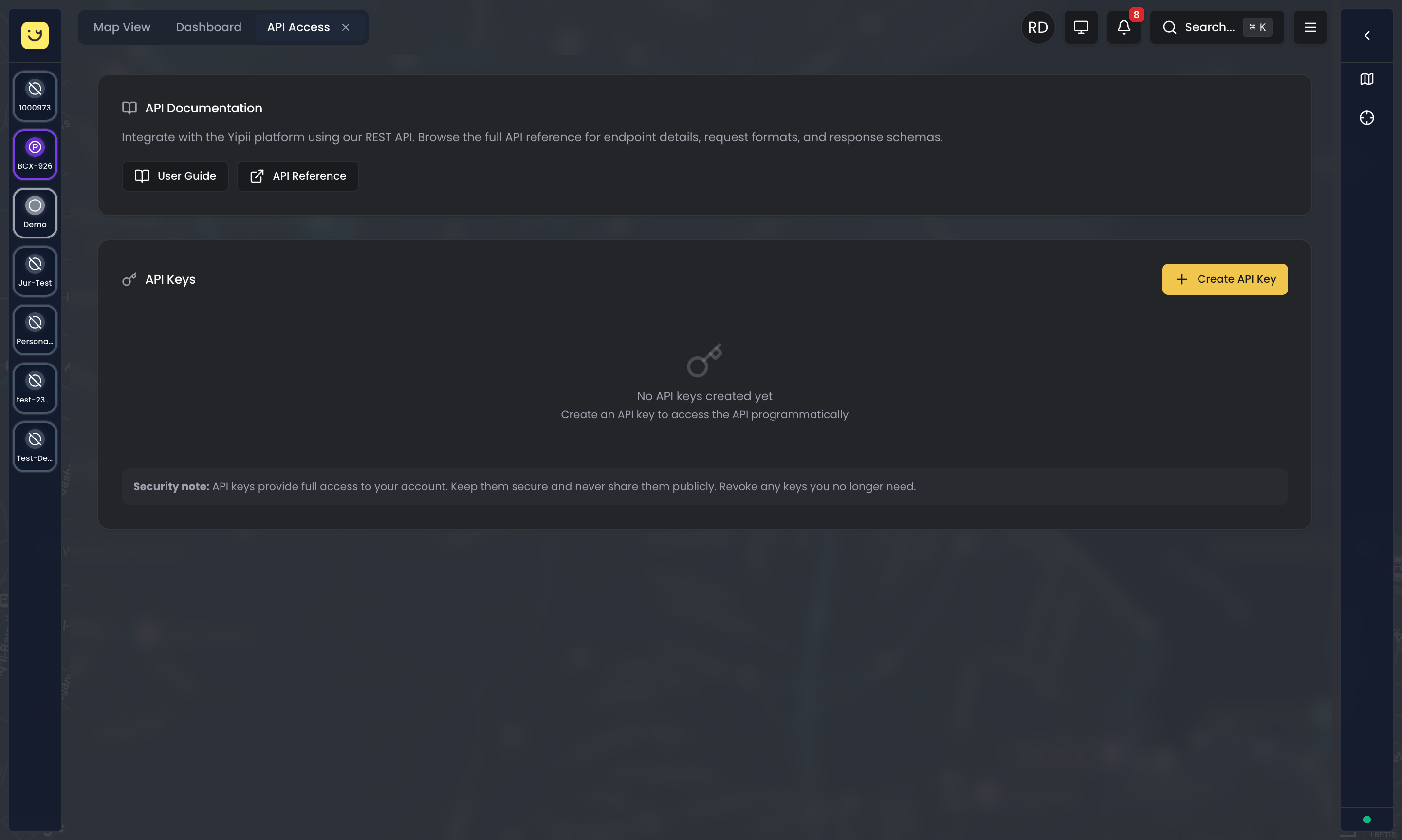 API Access overview showing documentation links and key management