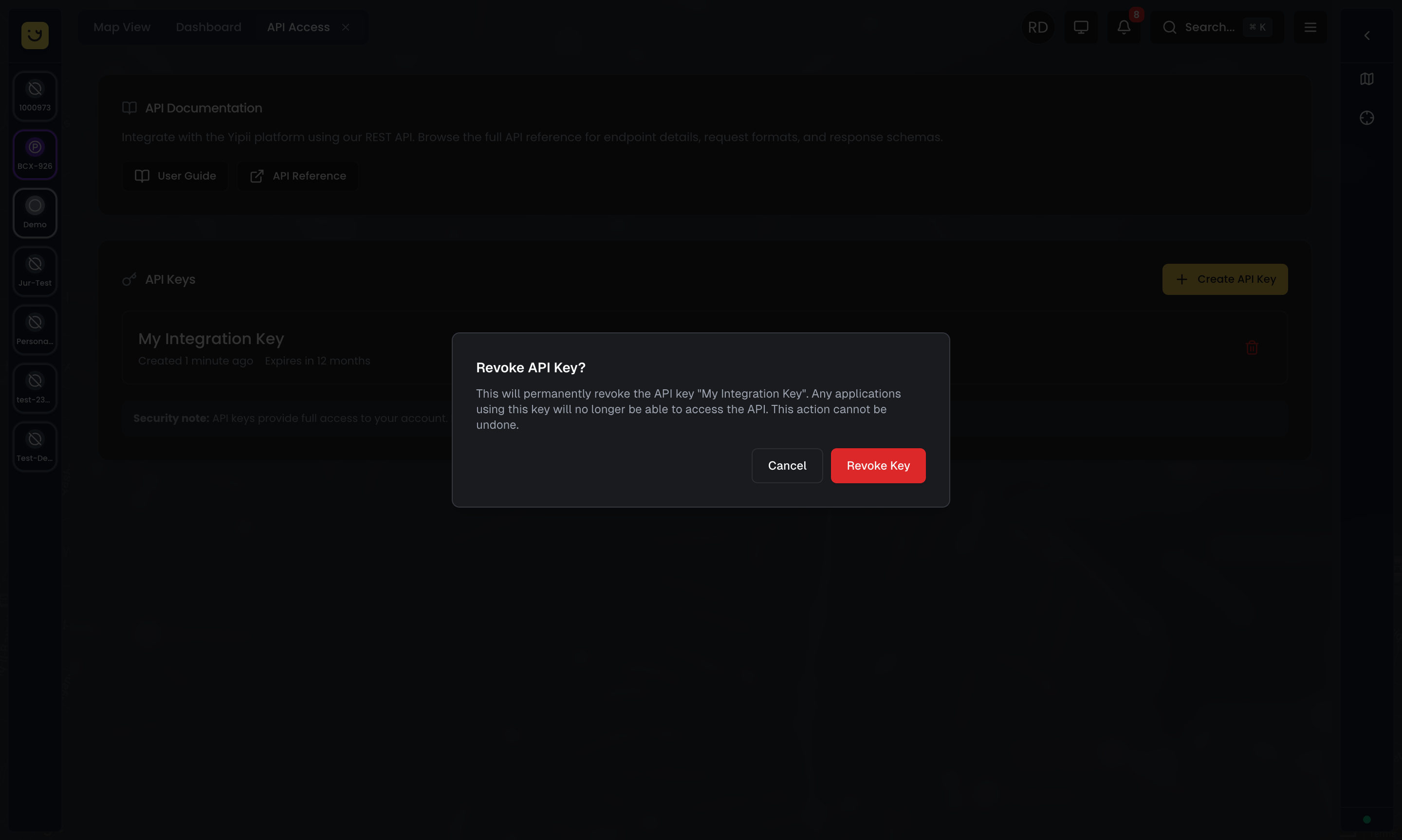 Revoke API Key confirmation dialog