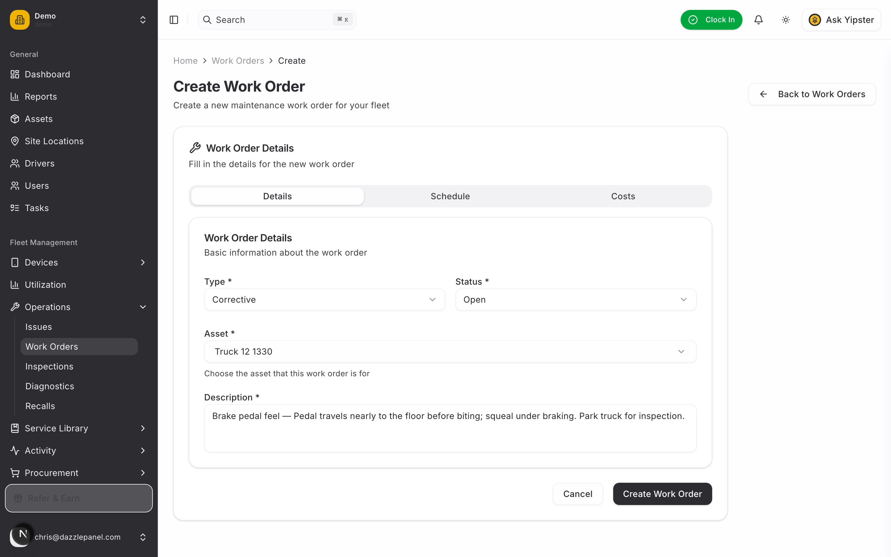 Work order create form pre-filled from inspection failure