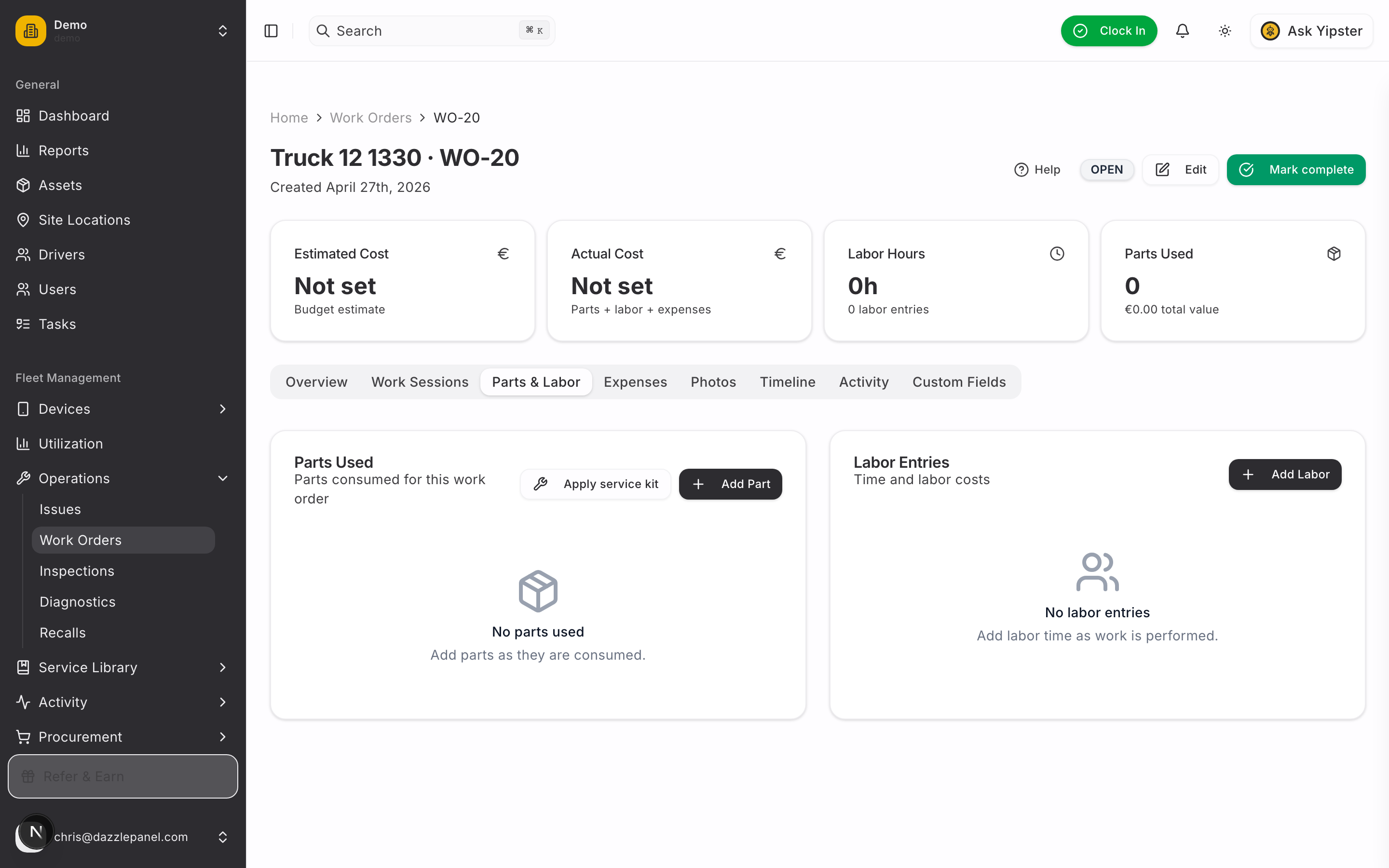 Work order Parts & Labor tab