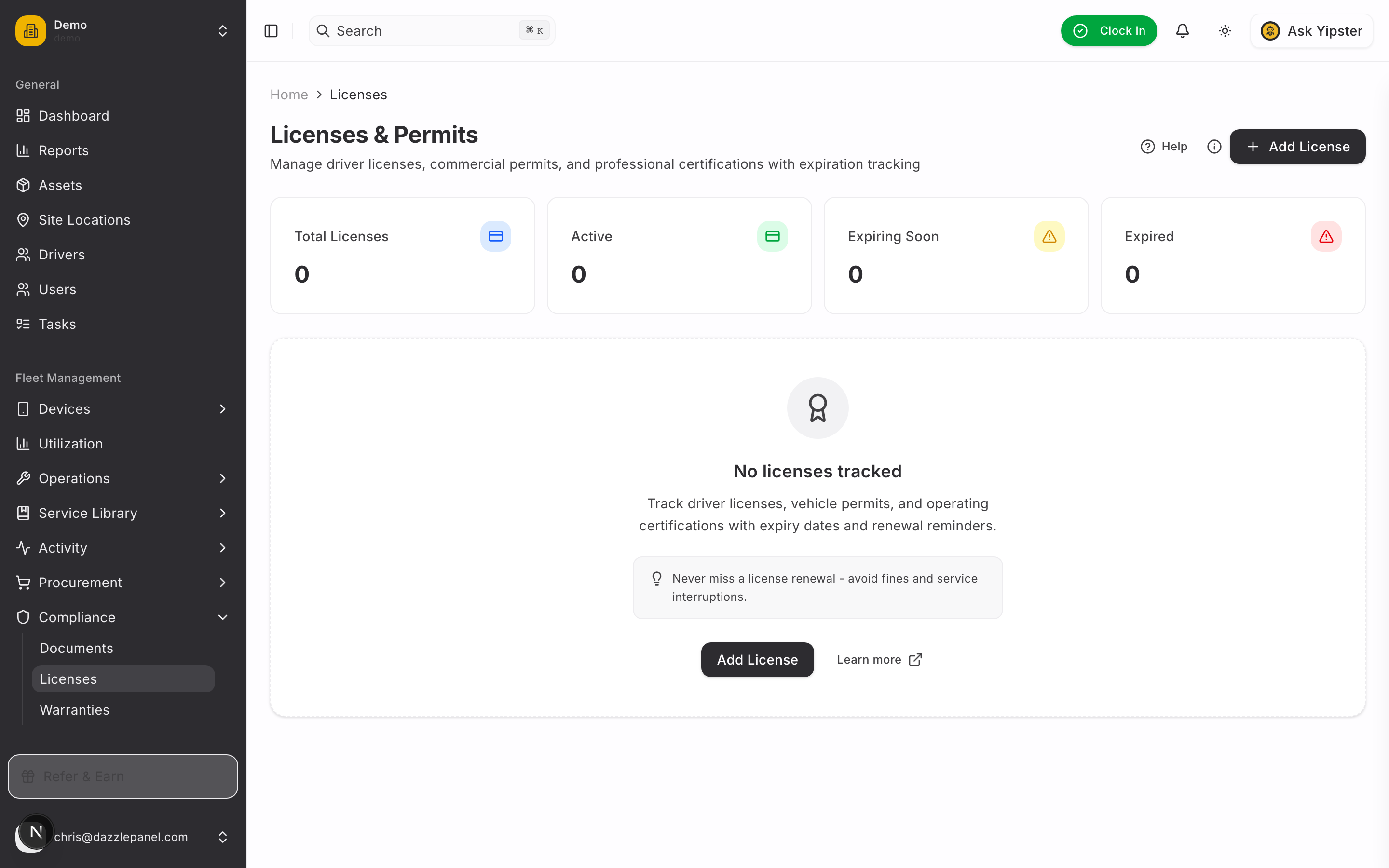 Licenses list - Desktop view