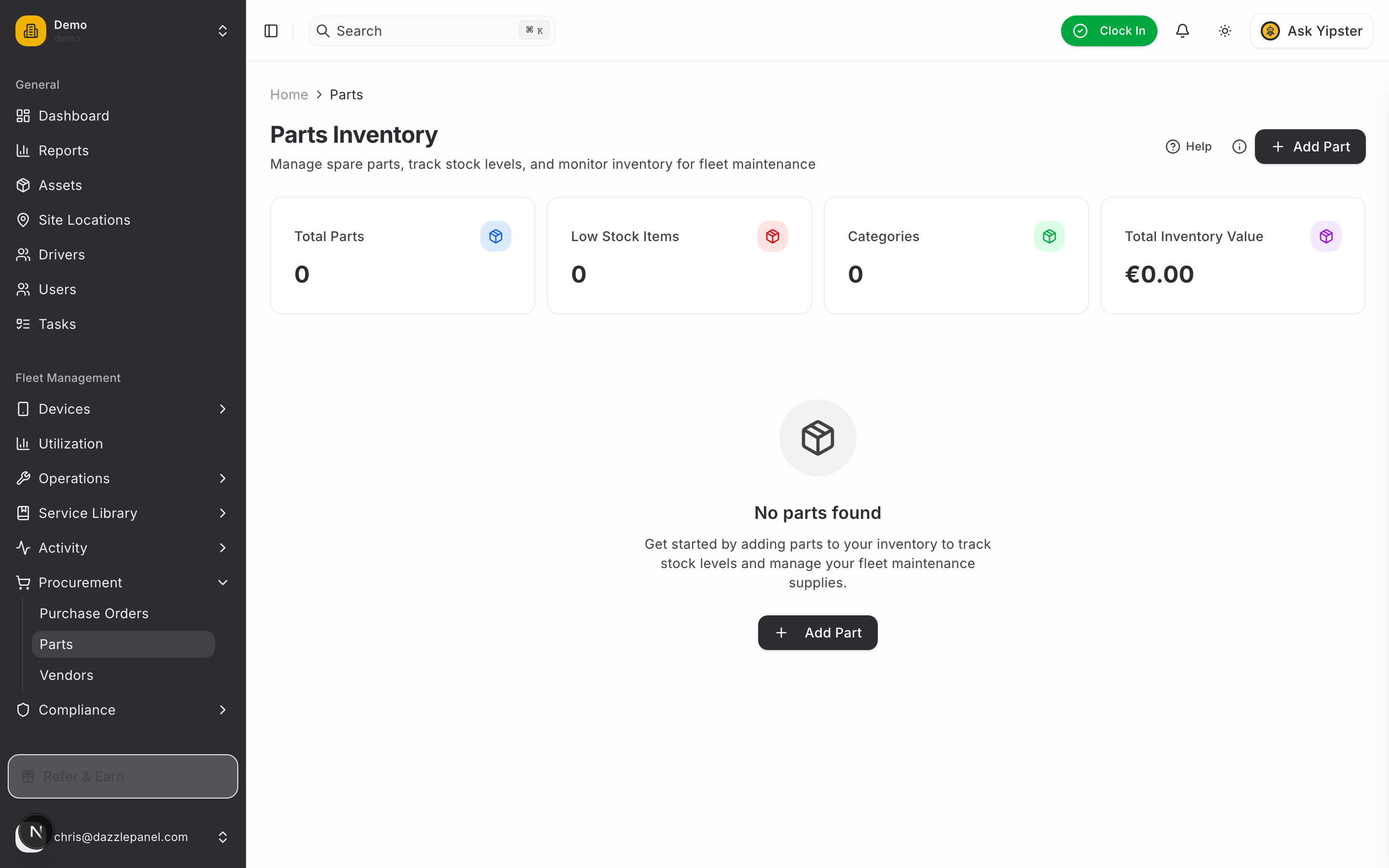 Parts inventory - Desktop view
