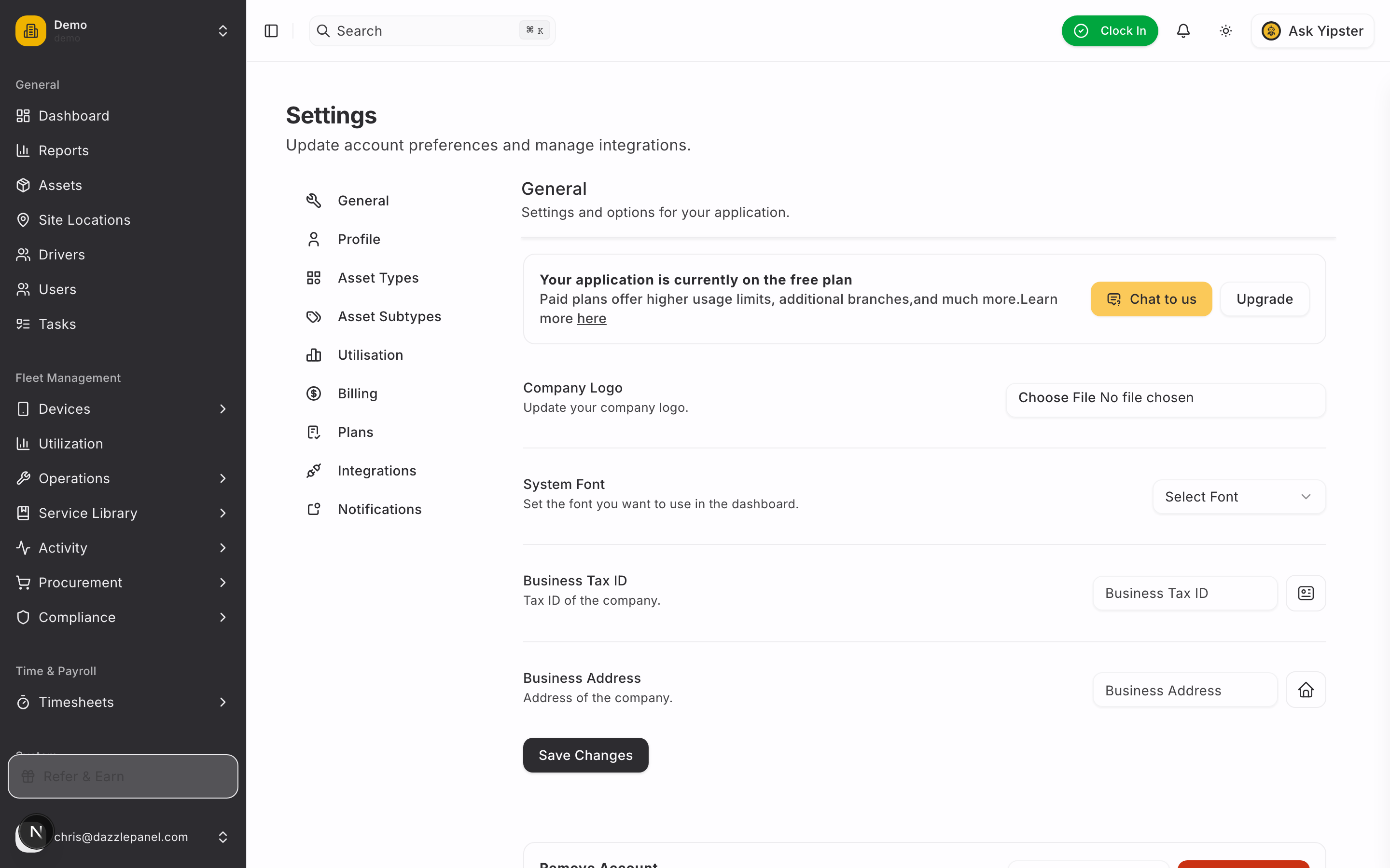 Settings - Desktop view